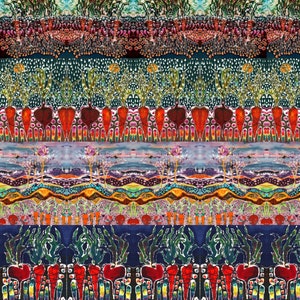 May include: A colorful abstract painting with a repeating pattern of carrots, leaves, and flowers. The painting is made up of several horizontal bands of color, each with a different design. The colors are bright and vibrant, and the overall effect is one of energy and movement.