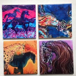 Horse trivets  -  Painted Ponies, Horse of Rainbows, Appaloosa and Coal Black, Purple Horse with Flowing -  ceramic from original batik