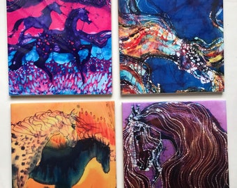 Horse trivets  -  Painted Ponies, Horse of Rainbows, Appaloosa and Coal Black, Purple Horse with Flowing -  ceramic from original batik