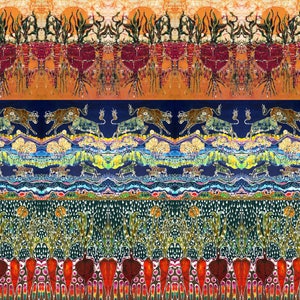 May include: A colorful, abstract pattern with a repeating design of stylized plants, animals, and carrots. The pattern is in shades of orange, red, blue, green, and yellow.