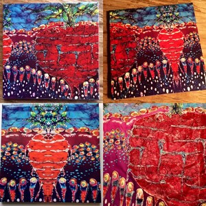 May include: Four square ceramic tiles with a colorful batik design featuring a large orange carrot with green leaves. The background is a mix of blue, purple, and red with white dots.