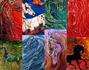 Horse Batik art fabric  -Selection of Horse batik cotton fabrics (8" x 10" and 10" x 16")  -  Fabric art supply  - applique quilt panel