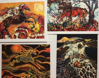 Horse Batik cards set -  Horses through the Ages  -   Set of four blank cards