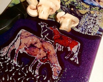 Jersey Cows Below Adirondacks  - Tempered Glass Cutting board  from my original batik
