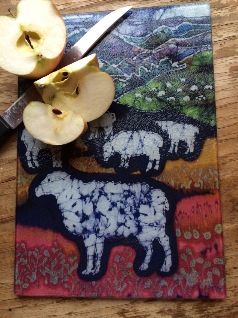 Sheep Cutting Board 8 x 11 Sheep at Midnight Detail from original batik by Carol