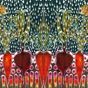 Garden in Summer Rain - art fabric panel - batik applique from original - Custom printed fabric from batik