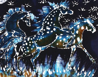 Horse fabric  Horses Frolic on a Starry Night -  art fabric from original batik  Quilting - sewing supply