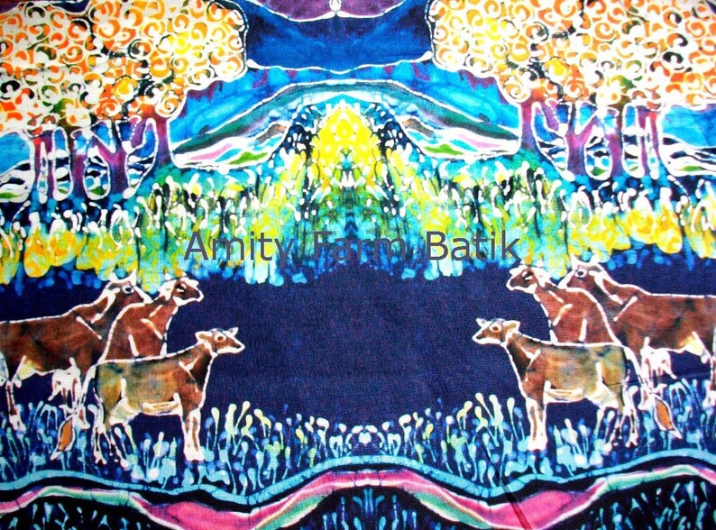 Jersey Cows in Spring Pasture batik fabric from original Custom printed fabric-Applique quilt panel image 1