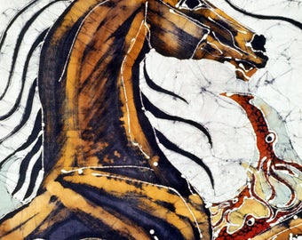 Cuadro en lienzo "Danza de caballos en un mar de calamares" - Pintura batik (11x17)