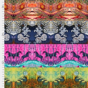 May include: A colorful fabric with a repeating pattern of trees, unicorns, and horses. The fabric is divided into four horizontal stripes, each with a different color scheme and design. The top stripe is orange and red, the second stripe is blue and white, the third stripe is pink and green, and the bottom stripe is green and yellow.