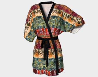 May include: A colorful kimono robe with a black sash. The robe features a patchwork design with various patterns and colors, including orange, green, red, and white.