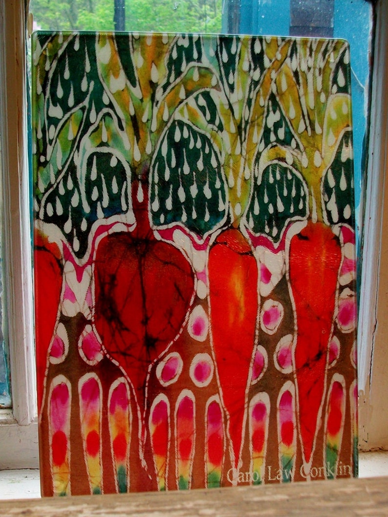 8 x 11 Garden Rain Cutting Board Detail from original batik by Carol Garden in Summer rain