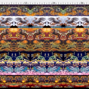 May include: A colorful fabric with a repeating pattern of stylized animals and birds. The fabric is made up of several horizontal stripes, each with a different design. The colors are bright and vibrant, including orange, yellow, blue, green, and red.