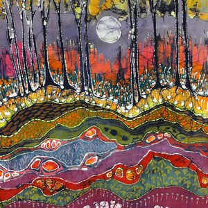 May include: A batik textile art piece featuring a forest of tall black trees against a yellow and purple sky with a full moon. The foreground displays layered, abstract horizontal bands in shades of orange, green, red, and purple with white patterns.