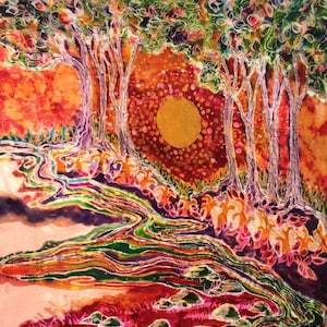 Hot Summer Woodlands” - art fabric from original batik -  Batik woodland art quilters supply