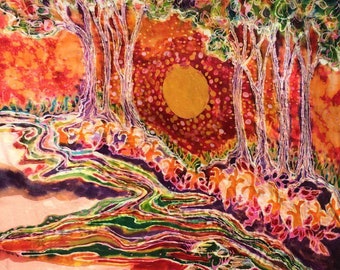 Hot Summer Woodlands” - art fabric from original batik -  Batik woodland art quilters supply