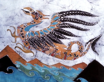 Dragon fabric  - Beaked Dragon Flies Above the Sea  - batik fabric panel from original batik - Custom printed fabric