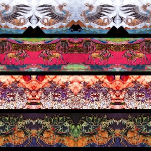 Mirror Fantasy Batik  - 8&#39; x 40&quot; long panel - mirror repeat from original batik - Dragons, Mare and Foal,Sheep, Spring turtle and Salamander