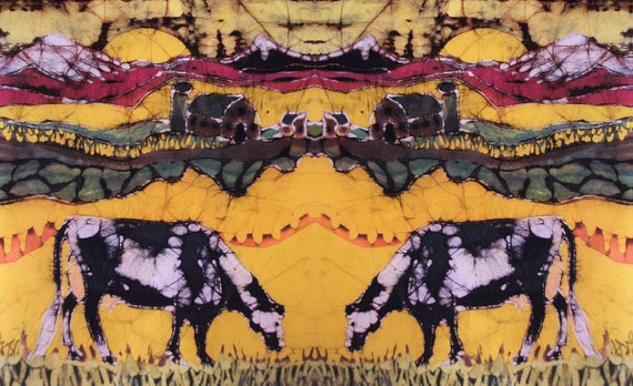 Holstein Cows fabric  - Autumn Grazing  -  batik long fabric panel  from original - Fabric artist supply