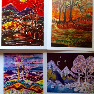 Woodland Landscape  batik cards set   -  Enchanted landscapes series   -   Set of four Magical blank Cards