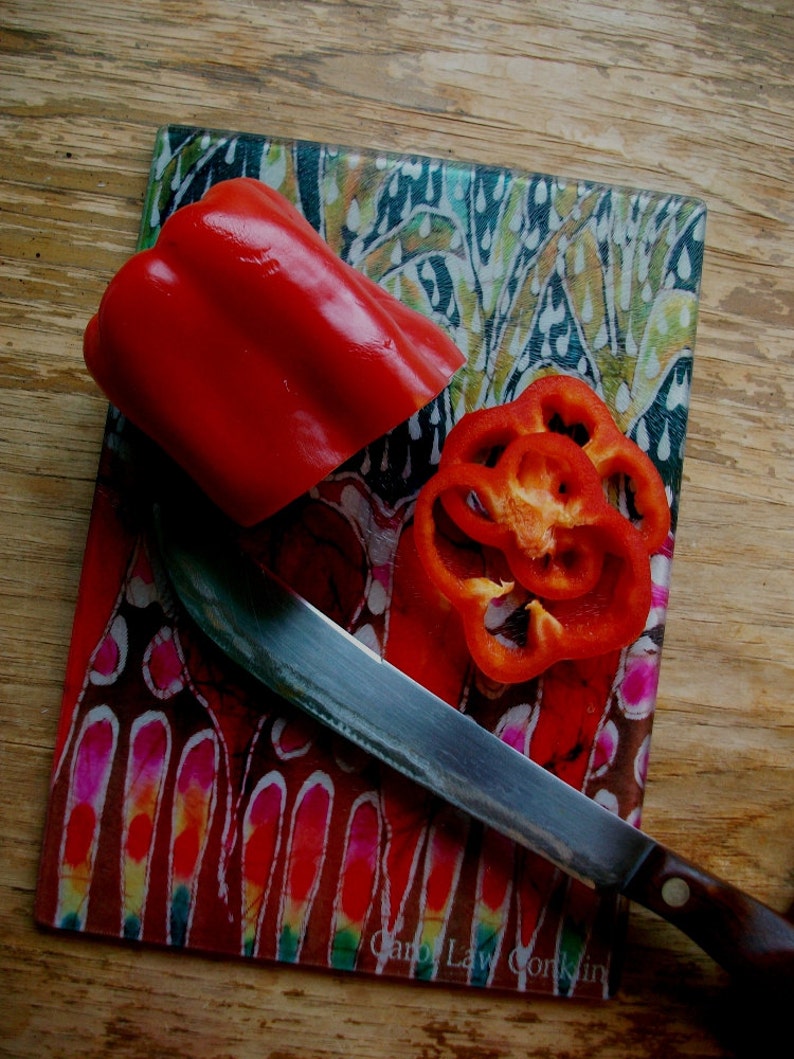 8 x 11 Garden Rain Cutting Board Detail from original batik by Carol Garden in Summer rain