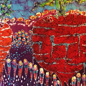 May include: A batik painting of a large red beet with green leaves and a purple background. The beet is surrounded by smaller purple and red shapes.