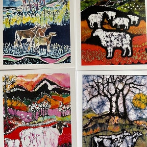 Farm Animals cards  -   Sheep, Cows, landscapes, pasture -  4 blank art cards