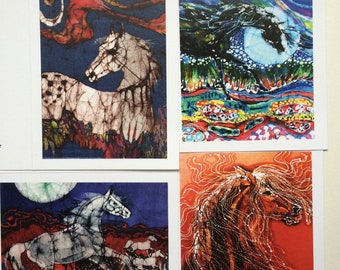 Horse Batik cards set  2nd edition   -  Horse farm series   -   Set of four blank cards