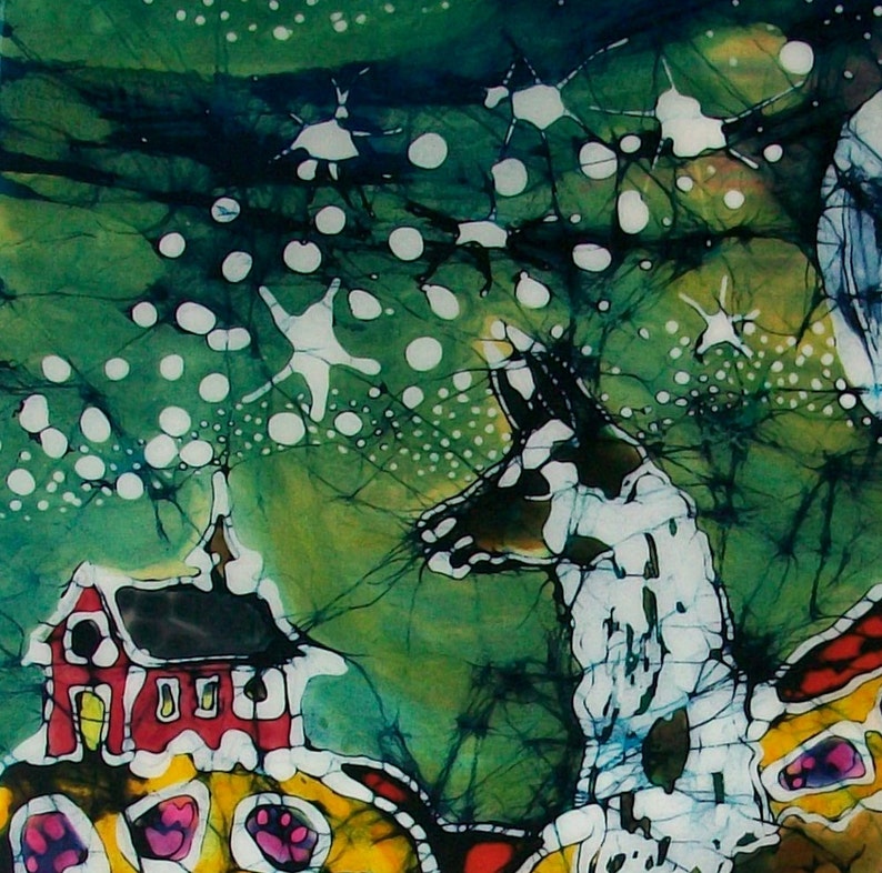 May include: Abstract painting on fabric with a green background, white dots, and a red house with a black roof. The house is surrounded by yellow, pink, and green shapes. A white and black figure is in the background.