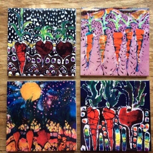 May include: Set of four square ceramic coasters with colorful hand-painted designs featuring carrots and beets. The designs are abstract and feature a variety of colors, including red, orange, yellow, green, blue, and purple.