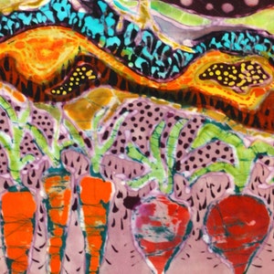 May include: Abstract batik painting with a colorful, layered design. The painting features a variety of shapes and patterns, including swirls, dots, and stripes. The colors are vibrant and include orange, yellow, green, blue, and purple.