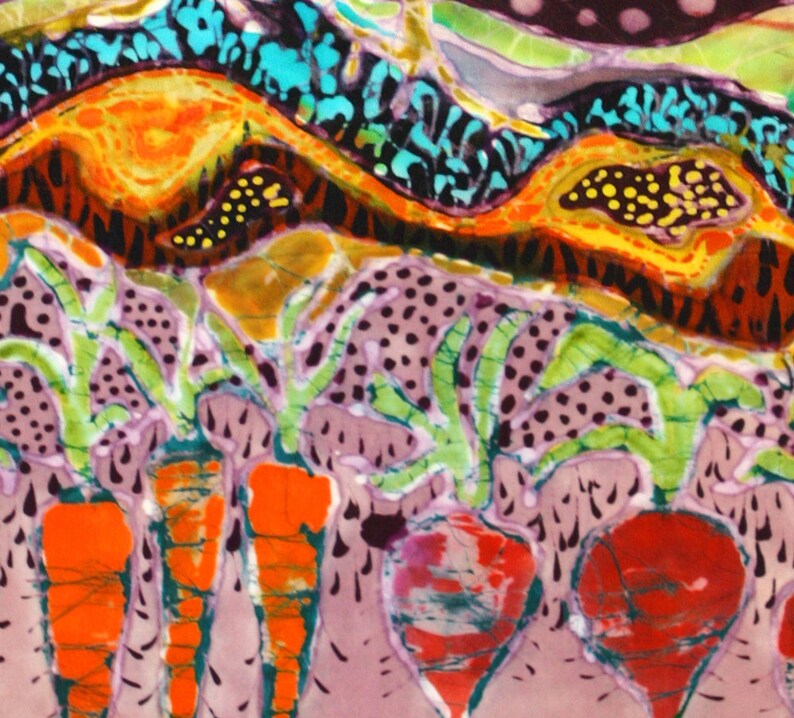 May include: Abstract batik painting with a colorful, layered design. The painting features a variety of shapes and patterns, including swirls, dots, and stripes. The colors are vibrant and include orange, yellow, green, blue, and purple.