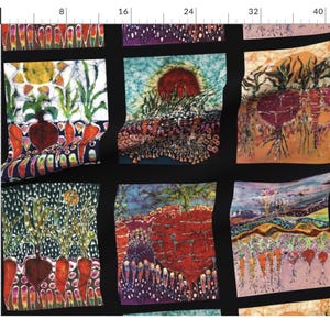 May include: A black fabric with a repeating pattern of nine colorful squares. Each square features a different batik design with a central image of a carrot or a beet. The designs are colorful and abstract, with a variety of colors including red, orange, yellow, green, blue, purple, and brown.