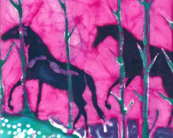 Horses Running Behind Trees  - Out of the Woods  -  batik print from original