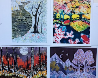 Fantasy Landscape  batik cards set   -  Enchanted landscapes series   -   Set of four Magical blank Cards