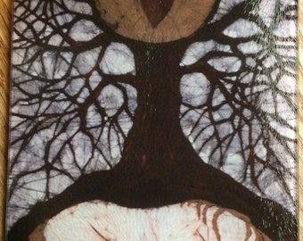 Horse Cutting Board -  Horse Sleeps Below Tree of Rebirth -  from original batik by Carol -  8" x 11"