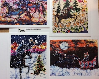 Horse Holiday cards  -  4 batik horse Christmas Cards