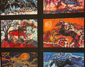 Horse  Batik - Yard Cotton art fabric   (12" x  16")  6 panels from original batik