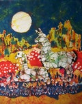 Llamas in Moonlight Batik Painting: Original Framed Art
