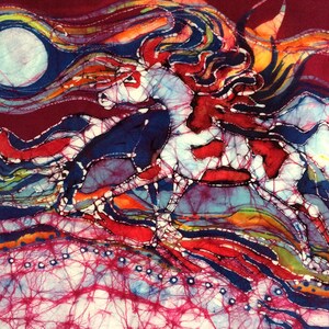 May include: Abstract batik artwork with a vibrant red, blue, and white color scheme. The design features swirling patterns and a mirrored image.