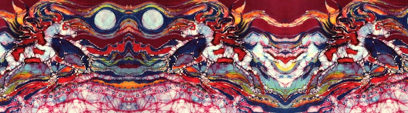 May include: Abstract batik artwork with a vibrant red, blue, and white color scheme. The design features swirling patterns and a mirrored image.