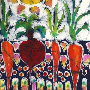 May include: A batik painting of a red beet with green leafy stems and three orange carrots. The background is a dark blue with white and yellow dots.