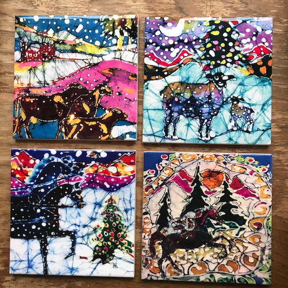Farm animals tiles - Batik Cows, Sheep, and horses -  Christmas Tree  - tile with cork backing