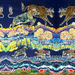 Puede incluir: Una pintura abstracta colorida que representa una escena de animales y plantas estilizados. El fondo es azul oscuro, con una capa de amarillo, verde y morado en el medio, y una capa de azul, verde y rosa en la parte inferior. Los animales est&aacute;n estilizados y parecen estar corriendo o saltando. Las plantas est&aacute;n estilizadas y parecen estar creciendo en un campo.