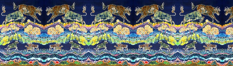 Puede incluir: Una pintura abstracta colorida que representa una escena de animales y plantas estilizados. El fondo es azul oscuro, con una capa de amarillo, verde y morado en el medio, y una capa de azul, verde y rosa en la parte inferior. Los animales est&aacute;n estilizados y parecen estar corriendo o saltando. Las plantas est&aacute;n estilizadas y parecen estar creciendo en un campo.