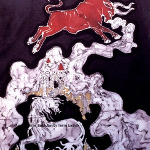 Red Bull and Unicorn - batik fabric long panel - Custom printed from original art -quilt applique