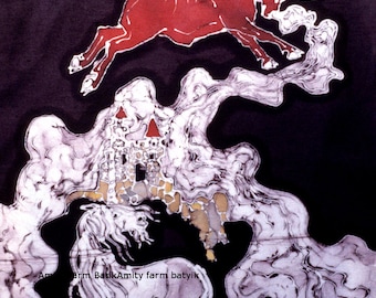 Red Bull and Unicorn - batik fabric long panel - Custom printed from original art -quilt applique