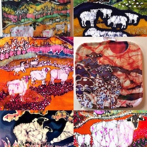 Sheep Pot Holders  from my original batik, thermal backing      fabric  8&quot; x 8&quot;