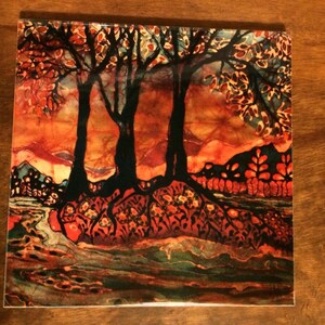 May include: An abstract painting of three trees with black trunks and branches against a red, orange, and yellow sunset background. The trees are silhouetted against the sunset and have a flowing, organic style. The painting is done in a watercolor style and has a lot of detail.