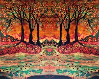 River Sunrise _ Lothlorien - fabric panels - batik applique from original - Custom printed fabric from batik